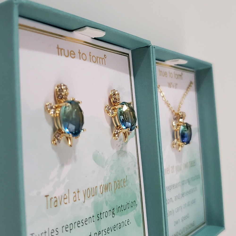 Crystal Turtle Jewelry SET Earrings Necklace Set Hand Cut Teal Stone NEW IN BOX